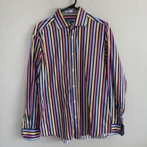 BUGATCHI Shaped Fit Long Sleeve Button Up Shirt Men Sz M Striped Red Blue Yellow